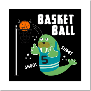 Walrus playing basketball cartoon Posters and Art